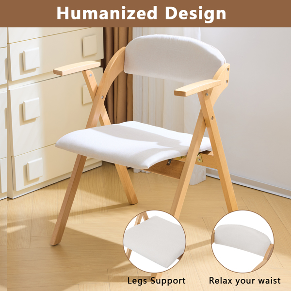 Set of 2 Wooden Folding Chairs with Padded Seats and Armrests, Portable Simple Folding Chairs with Cushion for Guests Kitchen Office Wedding Party Picnic, Natural Frame with Beige Cushion