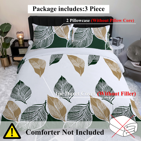 3 Pieces Green Gold Tropical Duvet Cover Set Botanical Palm Leaves Pattern Microfiber Lightweight Hawaiian Plant Bedding Set With 2 Pilowcases King Size