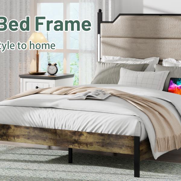 King Size Bed Frame with Upholstered Headboard , Queen Bed Frame with Charging Station and LED Lights, Wood Slats, Easy Assembly,No Box Spring Needed,Industrial Brown