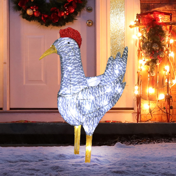 2FT Lighted Christmas Rooster Outdoor Decoration, Weather Proof Plush Rooster Christmas Ornament Home Decor Pre-lit 50 LED White Lights with Stakes