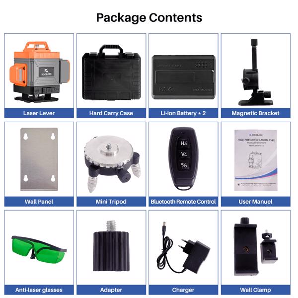 Kreuzlinienlaser Grün 4x360°, Laser Wasserwaage 16 Linien, Baulaser Kreuzlaser Linienlaser Selbstnivellierende, 6000 mAh Batterien, Wandhalterung, Fernbedienung, Magnetfuß, Drehständer (Orange-Grau)