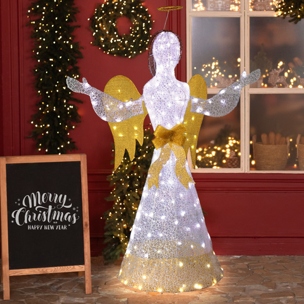 4.5FT Lighted Christmas Angel Outdoor Decoration, Weather Proof Angel with Wings Christmas Ornament Home Decor Pre-lit 200 LED White Lights with Stakes