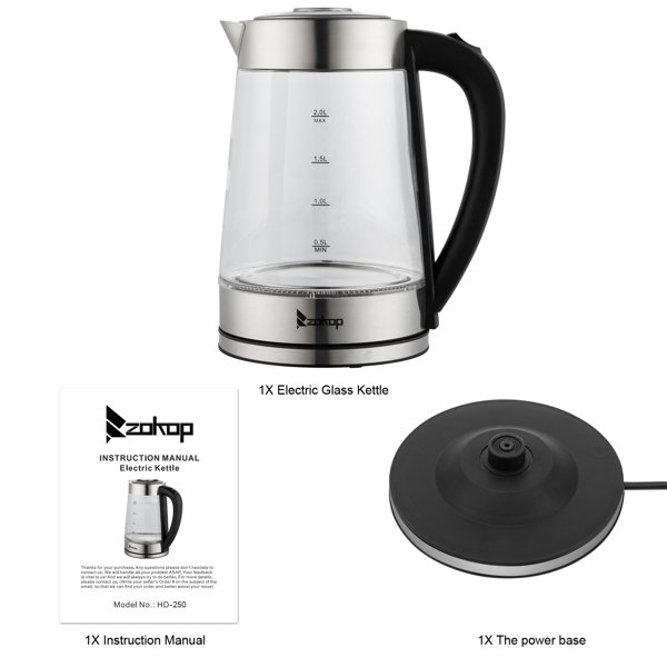  【Old Code：42128382】ZOKOP HD-250 220V 2000W 2L Blue Glass Electric Kettle