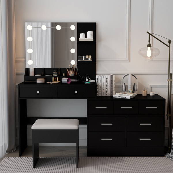 Large Makeup Vanity with Lights, Vanity Table with Charging Station, Vanity Desk with Mirror and 10 LED Light Bulbs, Makeup Table with Tabletop Compartments, Drawers and Storage Shelves, Black