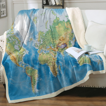 3D World Map Travel Printed Sherpa Fleece Blanket 60*80 Inches Navy Blue World Landmark Abstract Map Modern Fleece Blankets for Home Bedroom