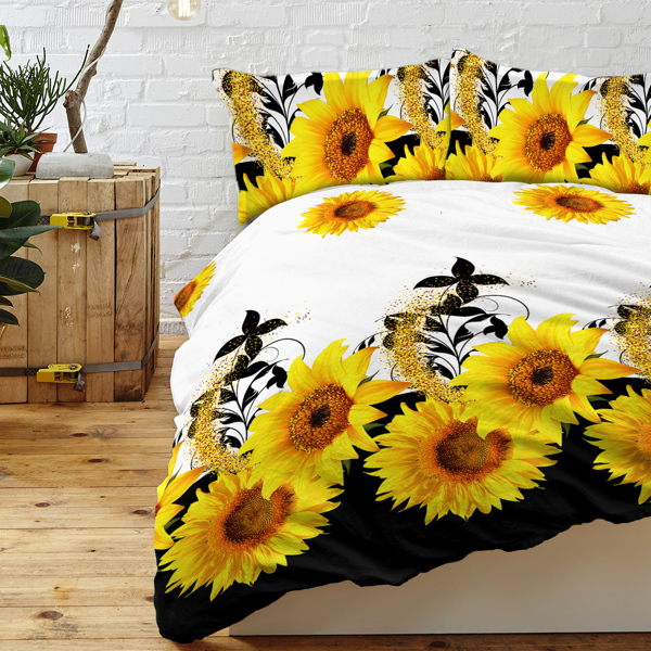 3 Pieces Black And White Background Sunflower Duvet Cover Set Yellow Flower Polyester Bedding Set For Adults Bedroom Decor Queen Size