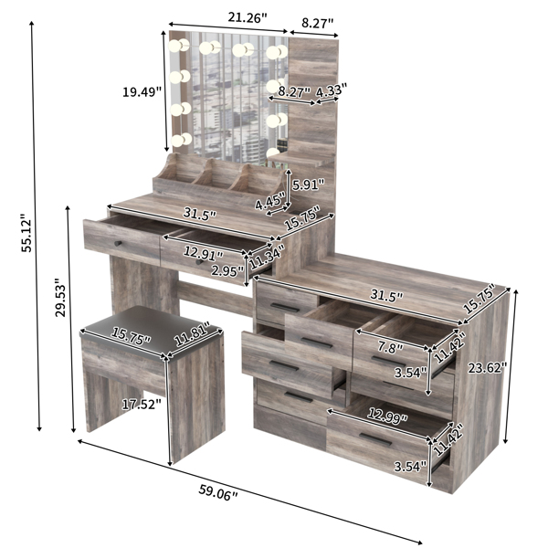 Large Makeup Vanity with Lights, Vanity Table with Charging Station, Vanity Desk with Mirror and 10 LED Light Bulbs, Makeup Table with Tabletop Compartments, Drawers and Storage Shelves, Gray