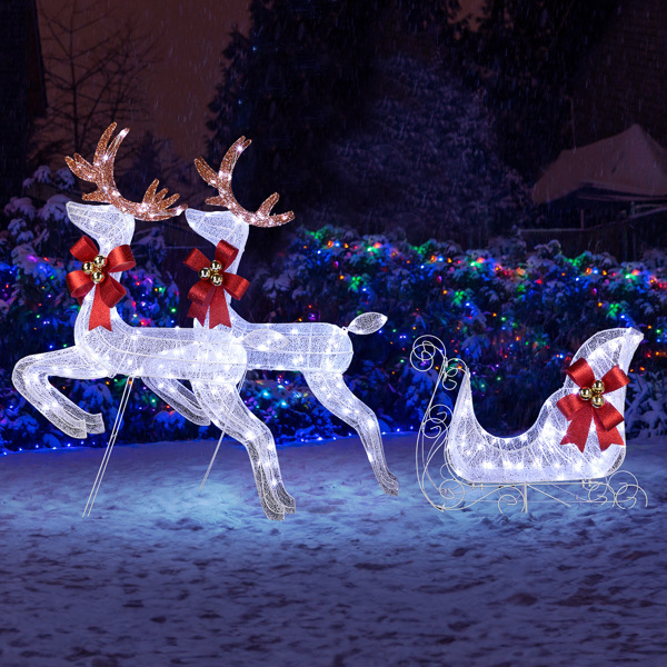 3-Piece Lighted Set of 2 Reindeer & Sleigh, Weather Proof Christmas Outdoor Decorations with Pre-lit 270 LED White Lights and Stakes for Xmas Outdoor Holiday Indoor Decor Lighted Holiday Displays