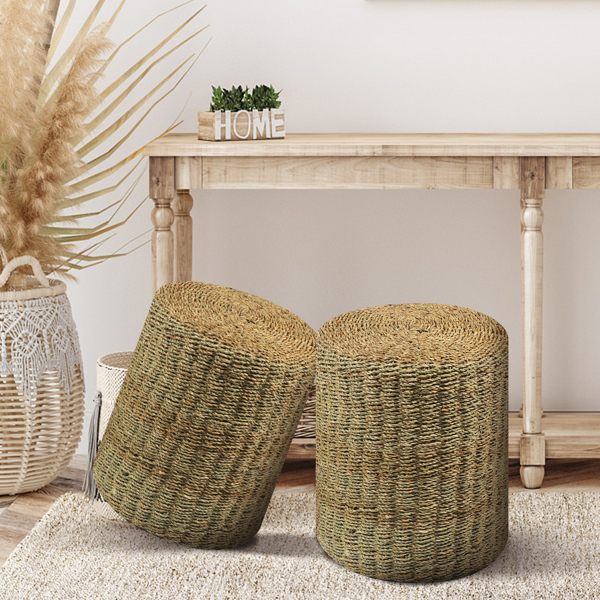 Ottoman Poof, Natural Seagrass Poufs, Hand Weave Round Footstool, Pouffe Accent Chair, Sitting Braided Footrest W/Jute Cover, Home Decorative Seat, Boho Chair for Living Room, Bedroom