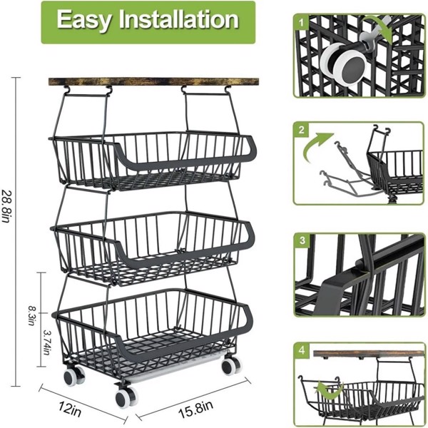 4 Tier Fruit Storage Basket, Fruit Vegetable Cart with Solid Wood, Kitchen Storage Rack with Rollers for Pantry