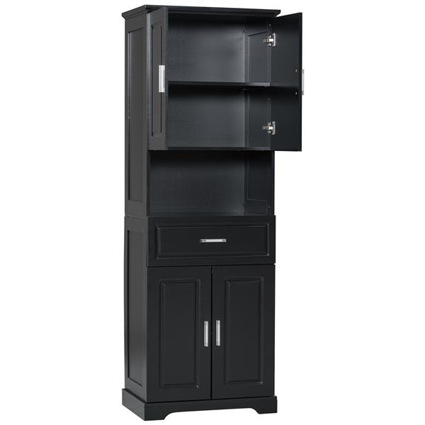 Tall Bathroom Cabinet with Four Doors, Large Storage Space Open Shelve, Upper Storage Cabinet, Black