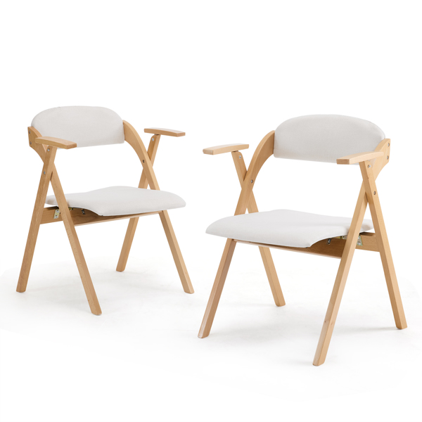 Set of 2 Wooden Folding Chairs with Padded Seats and Armrests, Portable Simple Folding Chairs with Cushion for Guests Kitchen Office Wedding Party Picnic, Natural Frame with Beige Cushion