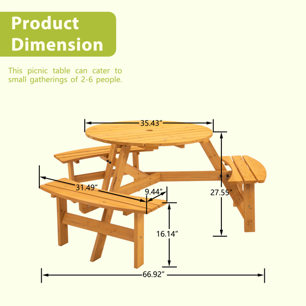 6-Person Outdoor Circular Wooden Picnic Table with 3 Built-in Benches for Patio Backyard Garden（Natural）