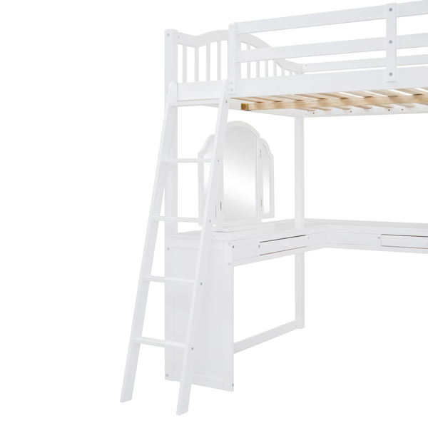 Full Wooden Loft Bed with U-shaped Desk,Storage Compartments and Tri-fold Mirror, White 