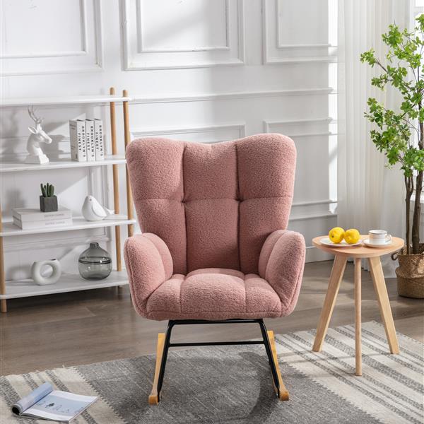 Mid Century Modern Teddy fabric Tufted Upholstered Rocking Chair Padded Seat for Living Room Bedroom,Pink