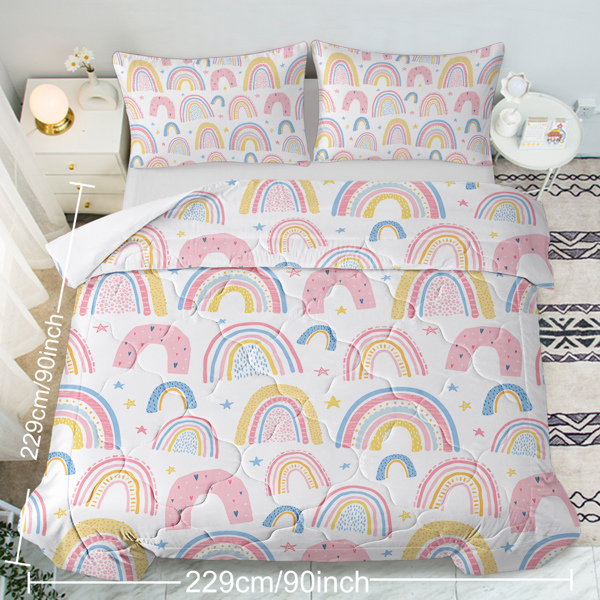 Rainbow Pattern Comforter Set for Women Pink and Yellow Rainbow Star Comforter 3 Piece with 2 Pillow Shams(1 Comforter and 2 Pillow Shams) Queen Size