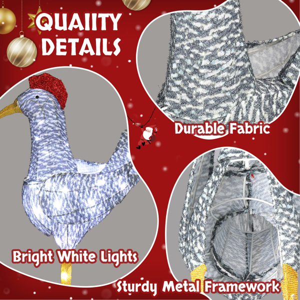 2FT Lighted Christmas Rooster Outdoor Decoration, Weather Proof Plush Rooster Christmas Ornament Home Decor Pre-lit 50 LED White Lights with Stakes