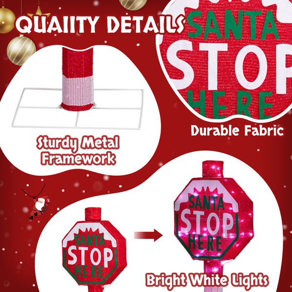 Lighted STOP Sign Christmas Yard Decorations, Pre-lit Road Sign SANTA STOP HERE with 70 LED White Lights and Stakes for Xmas Outdoor Holiday Indoor Decor Lighted Holiday Displays