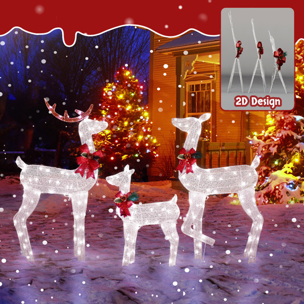 3-Piece Lighted Christmas Reindeer Family Set Outdoor Decorations, Weather Proof 2D Deer Family Set of 3 Christmas Ornament Home Decor Pre-lit 200 LED White Lights with Stakes, White