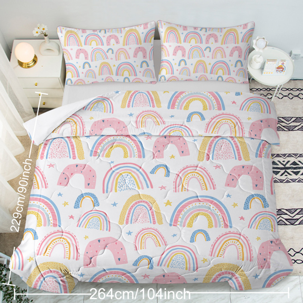 Rainbow Pattern Comforter Set for Women Pink and Yellow Rainbow Star Comforter 3 Piece with 2 Pillow Shams(1 Comforter and 2 Pillow Shams) Queen Size