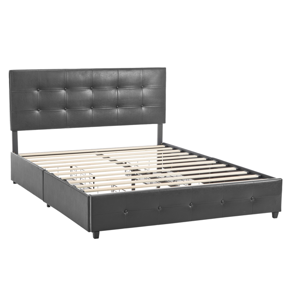 Upholstered Queen Platform Storage Bed Frame with 4 Drawers, Adjustable Headboard with Faux Leather Button Tufted Design, Wooden Slat Support, No Box Spring Needed, Black