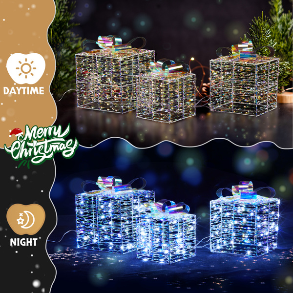 Lighted Iridescent Gift Boxes Set of 3, Pre-lit Nestable Present Boxes Ornament with 140 LED Warm White Lights and Stakes for Christmas Outdoor Indoor Decor Lighted Holiday Displays