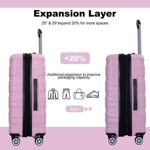 3 Piece Luggage Sets PC Lightweight & Durable Expandable Suitcase with Two Hooks, Double Spinner Wheels, TSA Lock, (21/25/29) Pink