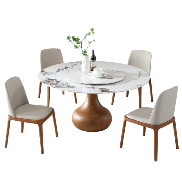 5pcs Modern Marble Dining Table, 59" Round Sintered Stone Table for Dining Room, Kitchen, Dinette, Compact Space With Lazy Susan(1table+4 chairs) -LTL item