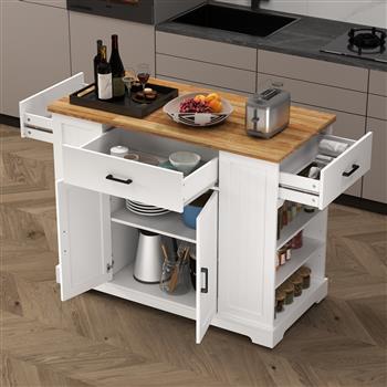 46\\'\\' Multi-Storage Rolling Kitchen Island with Rubber Wood Tabletop, Large Farmhouse Kitchen Cart with Adjustable Shelves and Drawers, Movable Dinning Table Bar with Storage Cabinet for Kitchen