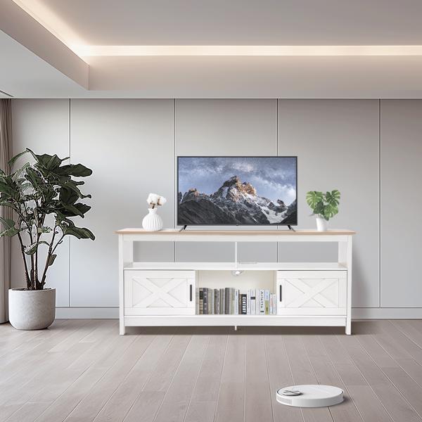 Fernsehkommode, TV Schrank für 65 Zoll, TV Sideboard mit Steckdosen, TV Board mit Ablageschränken & offenem Regal, Landhausstil Fernsehtisch für Wohnzimmer,150x40x65 cm (Natürlich)