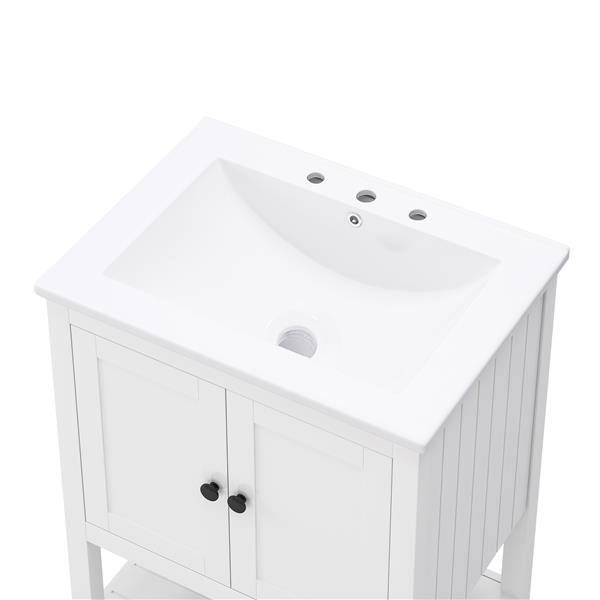 24" White Modern Sleek Bathroom Vanity Elegant Ceramic Sink with Solid Wood Frame Open Style Shelf