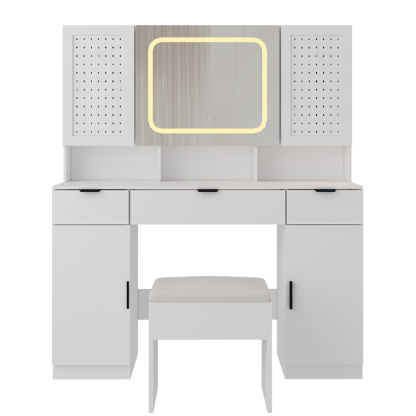 Large Vanity Table Set with LED Lighted Mirror and 2 DIY Pegboards, 5 Hooks, Vanity Desk with Charging Station, Makeup Table with Drawers, Storage Shelves and Cabinets, Cushioned Stool for Bedroom