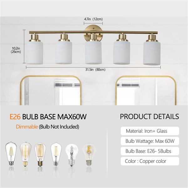 5-Light Golden Bathroom Vanity Light Fixture, Frosted Glass Shades, Modern Wall Mounted Lighting (No Bulbs)