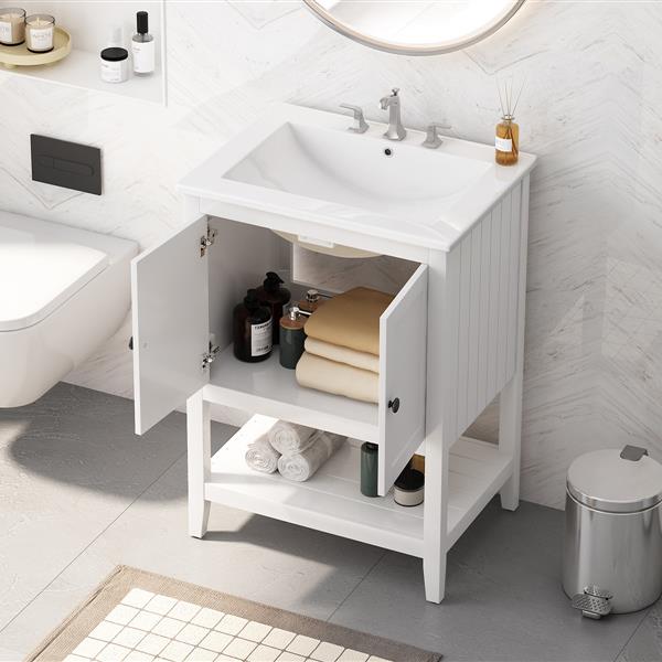 24" White Modern Sleek Bathroom Vanity Elegant Ceramic Sink with Solid Wood Frame Open Style Shelf