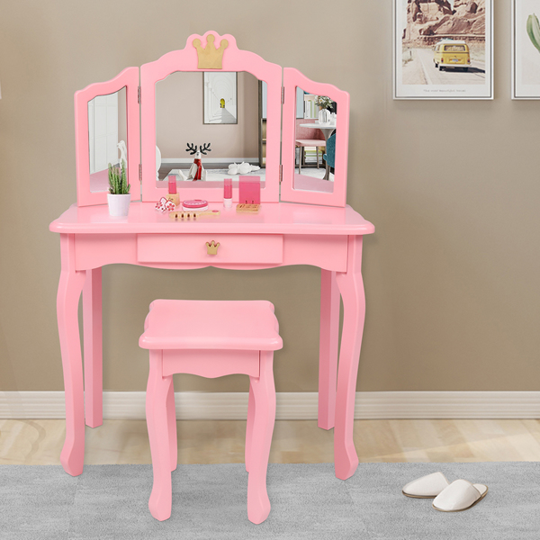 Children's Wooden Dressing Table Three-Sided Folding Mirror Dressing Table Chair Single Drawer Pink Crown Style