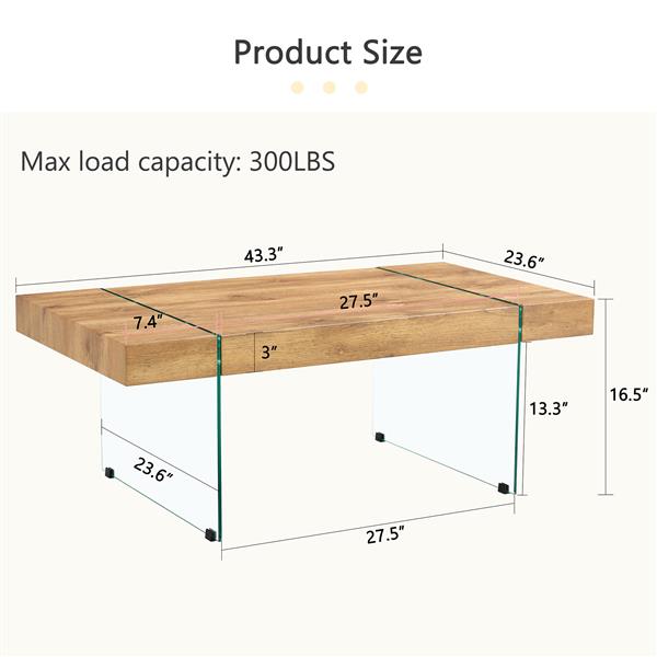 43.3"x23.6" Wood colored texture sticker MDF Coffee Table with Tempered glass legs.Suitable for Living Room.It can be used not only as a coffee table but also as a side table or display stand.