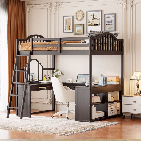 Full Wooden Loft Bed with U-shaped Desk,Storage Compartments and Tri-fold Mirror, Espresso 