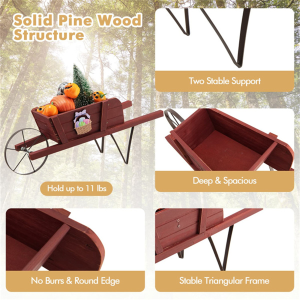 2 In 1 Wheelbarrow Planter，Wooden Wagon Planter with 9 Magnetic Accessories for Garden Yard