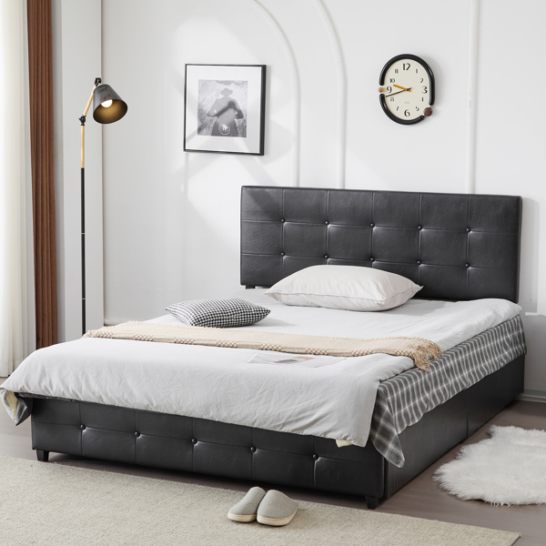 Upholstered Queen Platform Storage Bed Frame with 4 Drawers, Adjustable Headboard with Faux Leather Button Tufted Design, Wooden Slat Support, No Box Spring Needed, Black