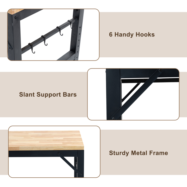 60" Adjustable Height Workbench, Rubber Wood Heavy Duty Workstation with Power Outlets & Wheels, 2000 LBS Load Capacity Hardwood Worktable for Workshop, Garage, Office, Home