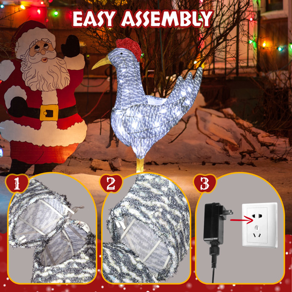 2FT Lighted Christmas Rooster Outdoor Decoration, Weather Proof Plush Rooster Christmas Ornament Home Decor Pre-lit 50 LED White Lights with Stakes