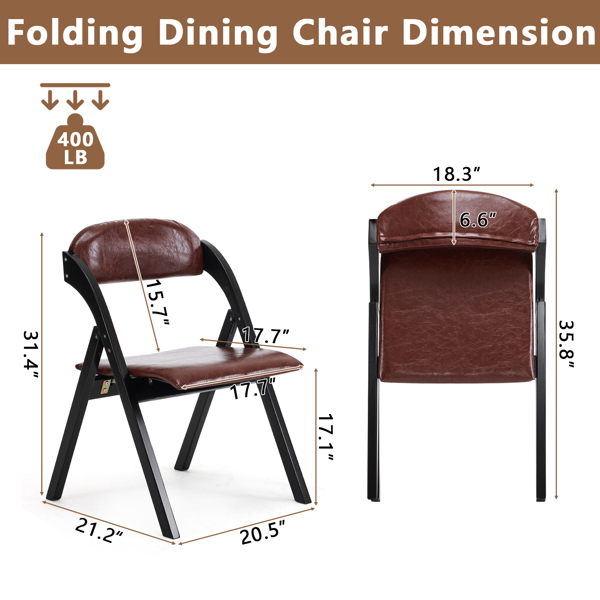 Set of 2 Wooden Folding Chairs with Padded Seats, Portable Simple Folding Chairs with Cushion for Guests Kitchen Office Wedding Party Picnic, Black Frame with Walnut Cushion