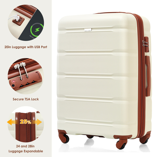 Luggage Sets 4 Piece, 20-inch with USB Port, Expandable ABS Durable Suitcase with Travel Bag,  Cup Holder, ABS Hard Shell Luggage with Spinner Wheels, beige and brown