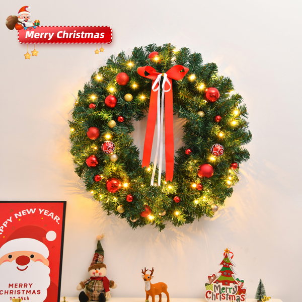 24in Pre-lit Battery Powered Christmas Wreath, Lighted Artificial Xmas Wreath with 50 Warm Lights and 80 PVC Tips and 14 DIY Ornaments, for Front Door Gate Wall Xmas Party Decorations