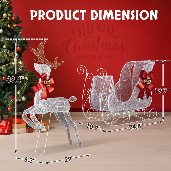 3-Piece Lighted Set of 2 Reindeer & Sleigh, Weather Proof Christmas Outdoor Decorations with Pre-lit 270 LED White Lights and Stakes for Xmas Outdoor Holiday Indoor Decor Lighted Holiday Displays, Whi