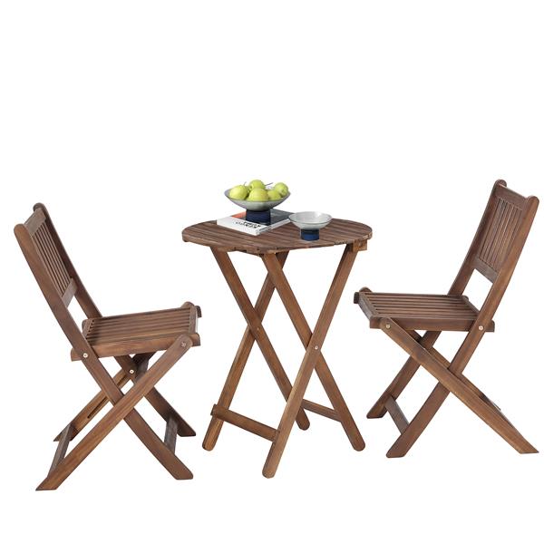 3-Piece Acacia Wood Bistro Set, Wooden Folding Patio Furniture for Garden Backyard Balcony Porch w/ 1 Coffee Table and 2 Foldable Chairs, Natural Stained