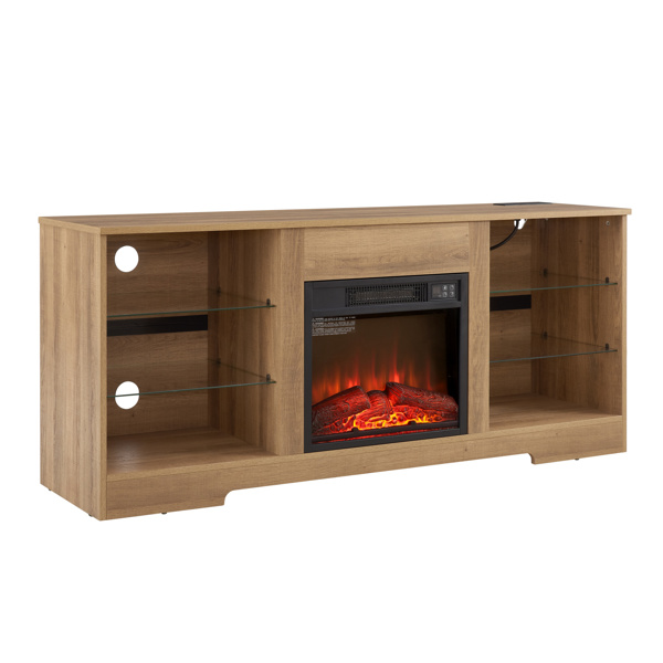 TV Stand Electric Fireplace Glass Shelves, 3D Fireplace TV Stand with LED Lights Wood with USB Charging Outlet Modern Television Table Center for TV up to 62" OAK 58''W*15.5''D*24.4 