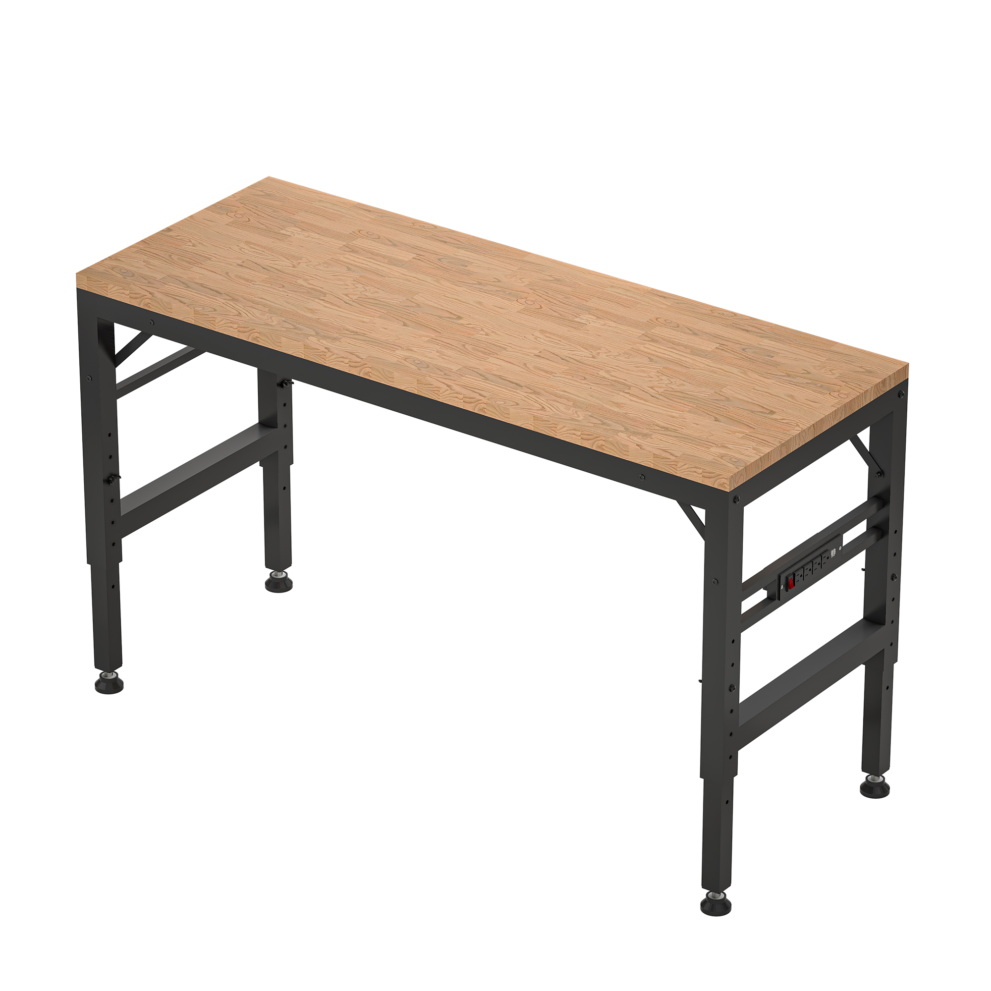 60″ Adjustable Height Workbench, Rubber Wood Top Heavy duty Workstation with Power Outlets