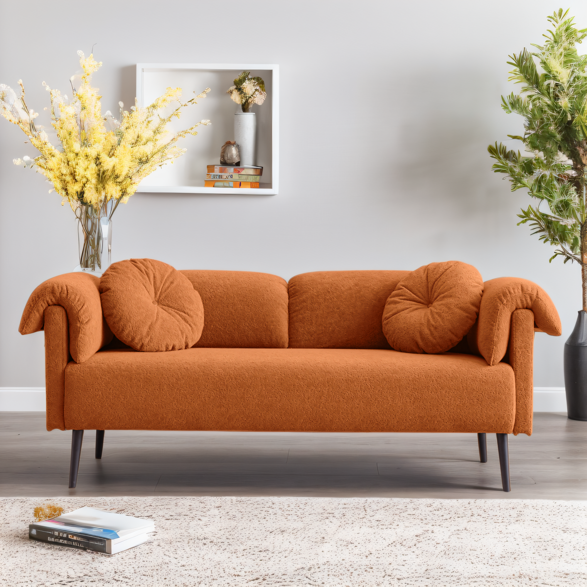 68.5" Modern Lamb Wool Sofa With Decorative Throw Pillows for Small Spaces