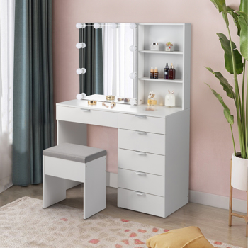 【Same model：19426681】Particleboard Triamine Veneer 6 Pumps 2 Shelves Mirror Cabinet 3 Tone Light Bulbs Dressing Table Set White